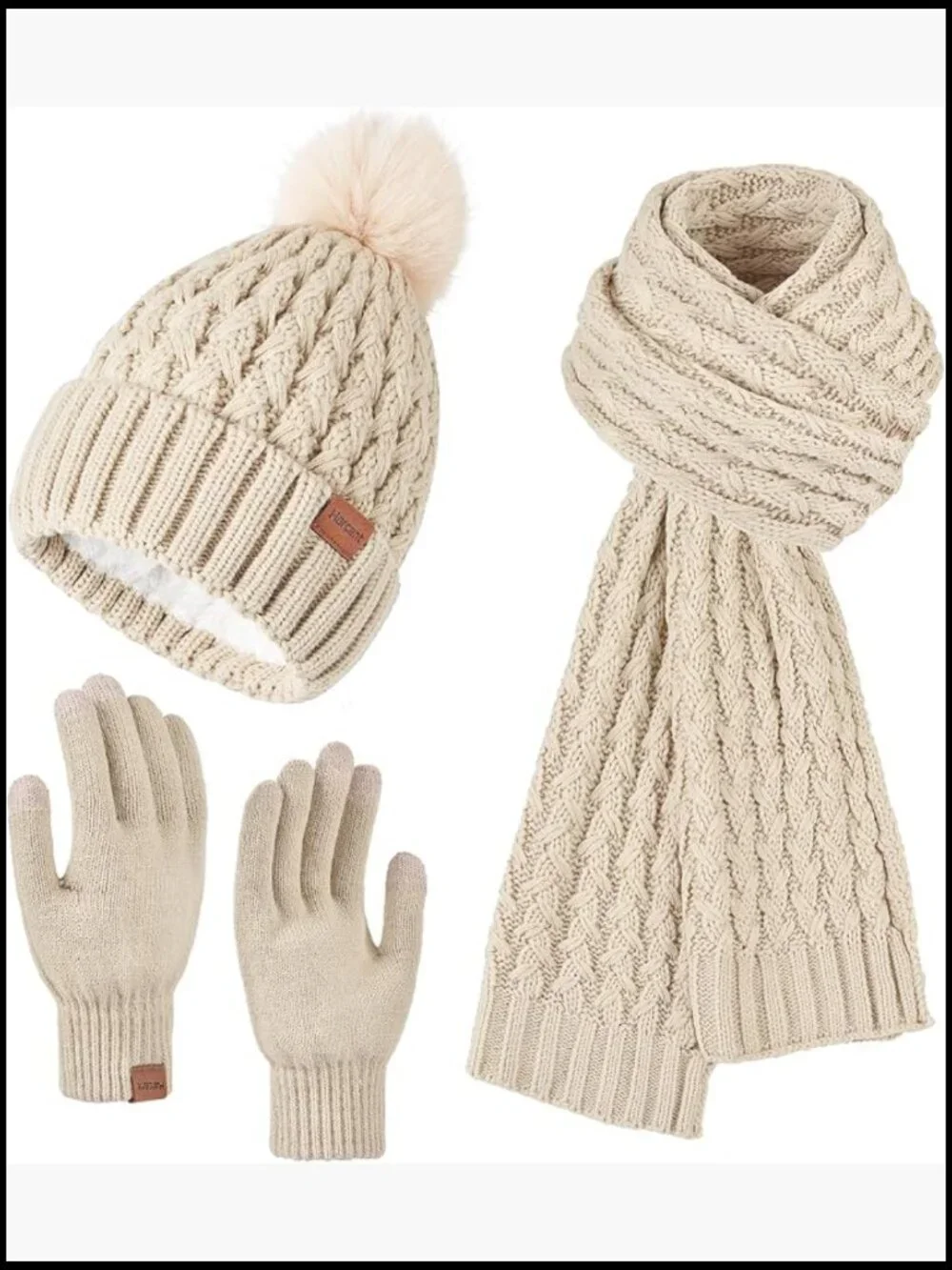 Winter Beanie Hat, Long Scarf, and Touchscreen Gloves Set with Fleece Lining